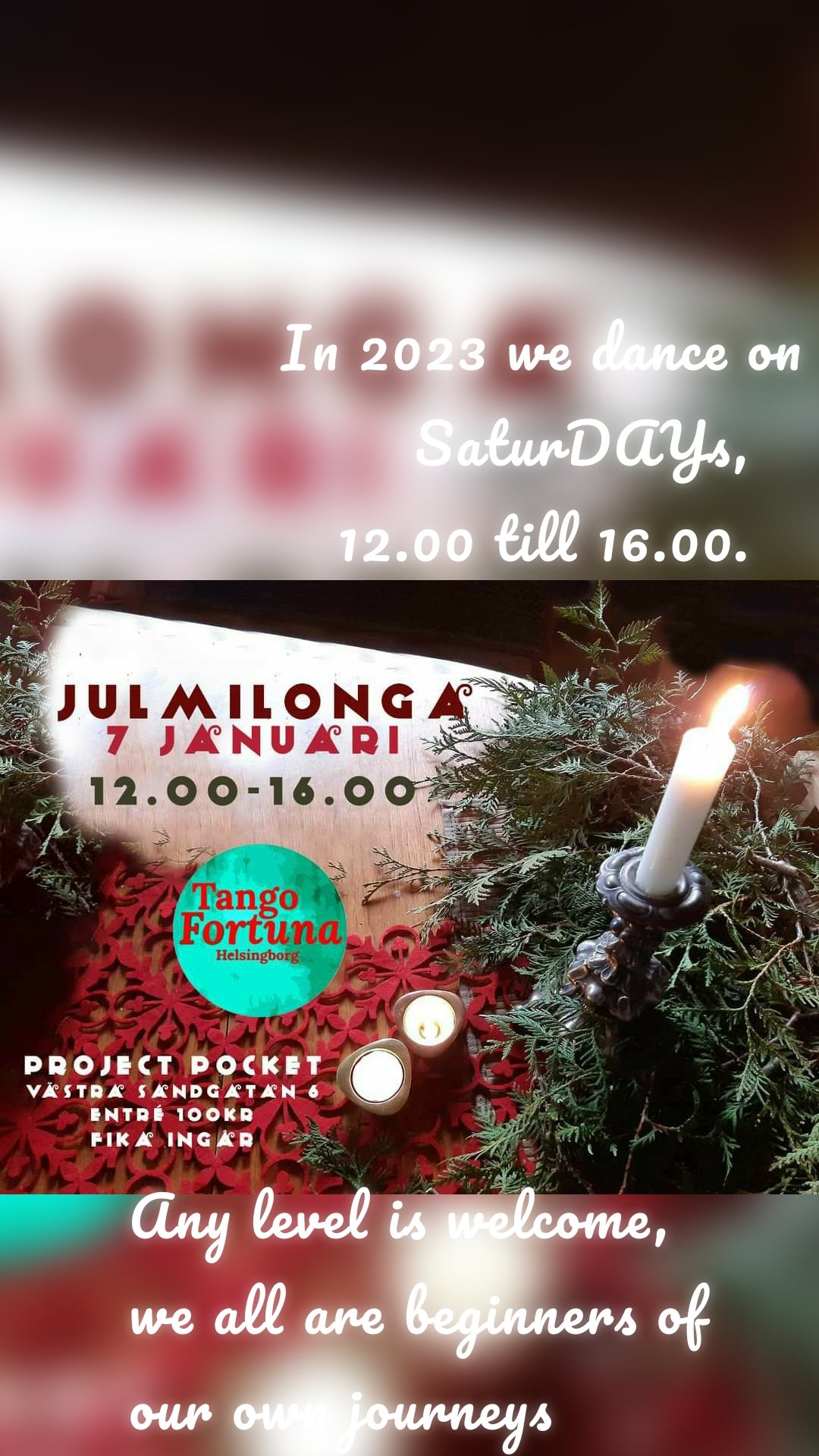 Any level is welcome, we all are beginners of our own journeys In 2023 we dance on SaturDAYs,   
12.00 till 16.00.   